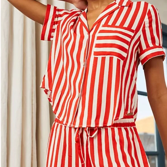 Free People Shiny Nights Pajama Set Wide Legs Red White Pinstripes Siz Small NWT - Picture 9 of 16